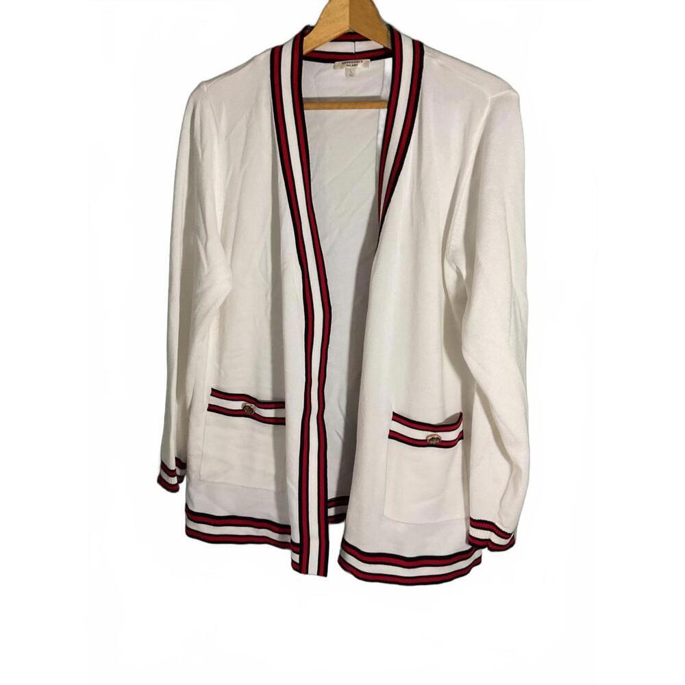 Essentials Milano White Cardigan with Red and Black Trim Large